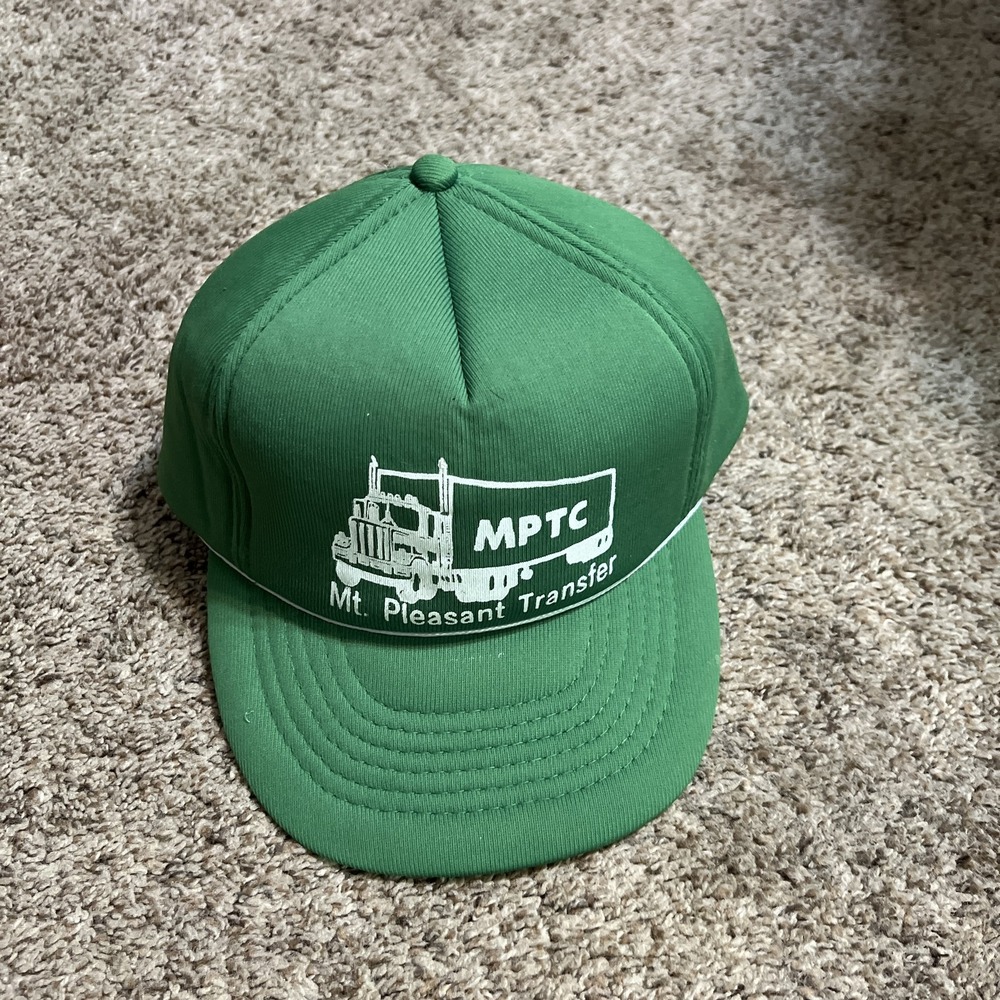 VINTAGE Mt Pleasant Transfer‎ Hat Cap Snap Back Green Trucker Mens Polyester 80s